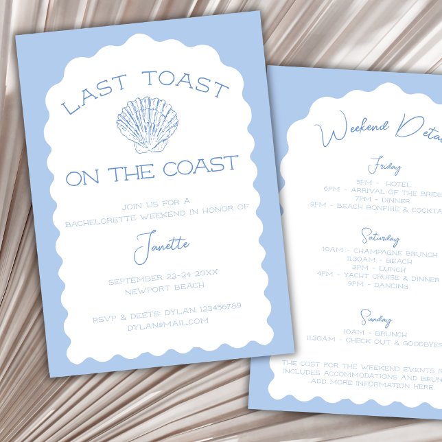 Sista skon på Kusten-beach Bachelorette Helg Inbjudningar (last toast on the coast bachelorette party invitation nautical weekend itinerary chic wavy arch)