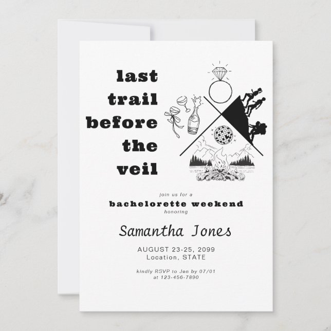 Sista spår före Veil Glamping Bachelorette Inbjudningar (Framsida)
