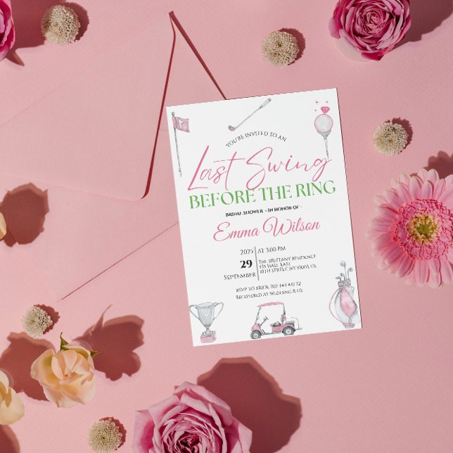 Sista svängen innan ringen Rosa golf bröllopsdusch Inbjudningar (last swing before the ring, golf bridal shower invitation, pink, country club  party invite, sporty )