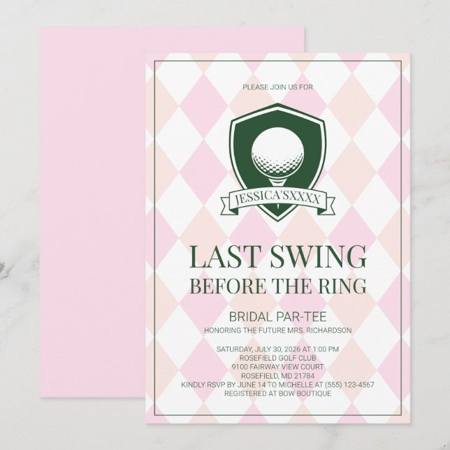 Sista svängen innan ringen Rosa Golf Bröllopsfest Inbjudningar (Fram/baksida)