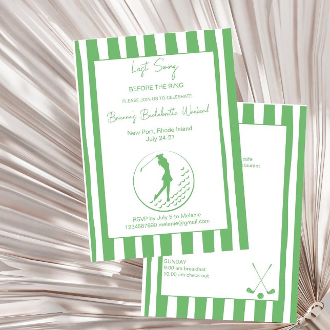 Sista swing golf Bachelorette helg Inbjudningar (Last swing before the ring golf country club Bachelorette weekend itinerary Invitation template)