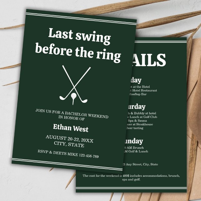 Sista swing Golf Snyggt Bachelor Helg Itinerary Inbjudningar (Last Swing Golf Stylish Bachelor Weekend Itinerary Invitation)