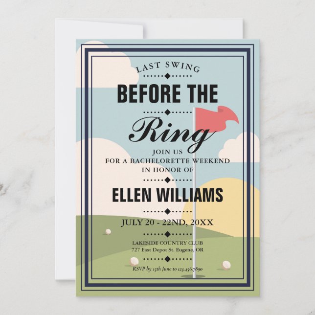 Sista Swing Senterbröllops Golf Helgfest Inbjudningar (Framsida)