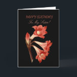 Sister Birthday Coral Belladonna Lily Kort<br><div class="desc">Du har kom över de vackraste blomkrämkorna på Zazzle. En slående bild av en färglös blomma på en svart bakgrund, med hälsning som är lämpligt för ett tillfälle. Det är inte bara framsidan som är vacker, baksidan har också en bild av framblomman. När mottagaren är avslutat är ram denna skönhet...</div>