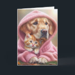 Sister Birthday Golden Retriever och Kitten Kort<br><div class="desc">En gyllene hämtare bär en rosa hoodie med en liten ingefärgkattunge som sitter inne för en syster. Texten kan redigeras.</div>