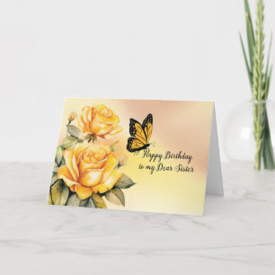 Sister Birthday Gul ros Monarch Butterfly Kort