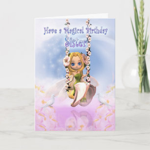 Sister Birthday-kort med Cutie Paj-fairy på gång Kort