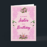 Sister Birthday med Rosa ros Card Kort<br><div class="desc">Ett söt födelsedagskort för en syster. Ett spårämne i elegant i rosa av de fyra rosa ros. Bakgrunden är en blek rosa mönster av blommor. Ett underbart kort att skicka till en syster på hennes födelsedag.</div>