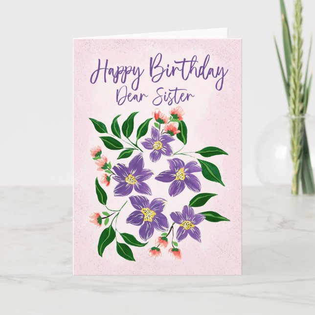 Sister Birthday Painterly Lila blommor och Rosa Tack Kort (Framsida)