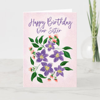 Sister Birthday Painterly Lila blommor och Rosa Tack Kort