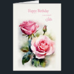 Sister Birthday Ro målat vattenfärg Hälsningskort<br><div class="desc">Ett födelsedagskort till din syster. Det här vackra födelsedagskortet har en känslig vattenfärg på rosa ros, symboliserar kärlek, nåd och beundran. Den mjuka blommigtens utformning fångar perfekt det innersta tidlösa kärlek, skapar det ett hjärtligt sätt att fira hennes speciella dag. Det här kortet, som är ett rättframt prat rosa ros,...</div>