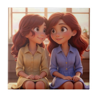 Sister Bond – Beautiful Sisters Illustration Art Kakelplatta