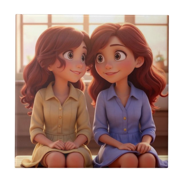 Sister Bond – Beautiful Sisters Illustration Art Kakelplatta (Framsidan)