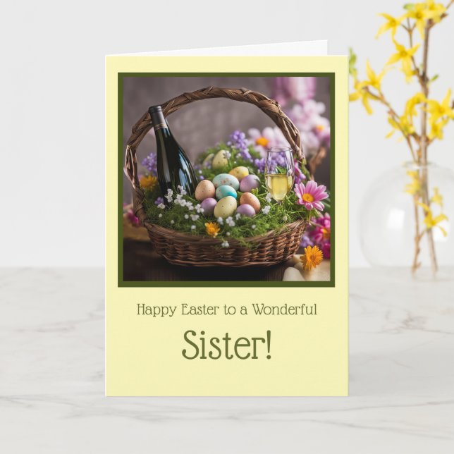 Sister Funny Happy Easter Wine in Easter Basket Kort (Gul blomma)