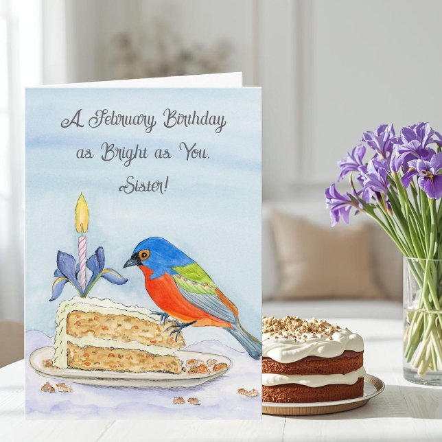 Sister Happy February Birthday Painted Bunting Kort (Skapare uppladdad)