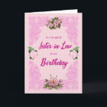 Sister i Lag Birthday med Rosa ros-kort Kort<br><div class="desc">Ett söt födelsedagskort för en svärsyster. Ett spårämne i elegant i rosa av de fyra rosa ros. Bakgrunden är en blek rosa mönster av blommor. Ett underbart kort att skicka till en svärsyster på hennes födelsedag.</div>