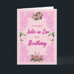 Sister i Lag Birthday med Rosa ros-kort Kort<br><div class="desc">Ett söt födelsedagskort för en svärsyster. Ett spårämne i elegant i rosa av de fyra rosa ros. Bakgrunden är en blek rosa mönster av blommor. Ett underbart kort att skicka till en svärsyster på hennes födelsedag.</div>