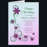 Sister i Lag Birthday med Scrollsar och blommor Hälsningskort<br><div class="desc">En elegant och ett vackert födelsedagskort. Ett perfekt till ge till din svägerska. Lila blommor och glitterelaterade scrollsar gör ett mycket speciellt födelsedagskort.</div>