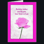 Sister i Lag Birthday vackra Rosa ros Hälsningskort<br><div class="desc">Ett vackert födelsedagskort för en svägerska. En elegant än så,  ett enkelt födelsedagskort. Ett enda rosa ros ramlade i rosa. Den roterande bakgrunden får ro att framträda. Ett vackert,  klassiskt kort som visar att du bryr dig.</div>