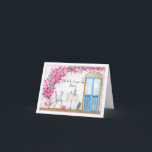 Sister Oh La Pudel Paris Birthday Kort<br><div class="desc">Den här handmålade vattenfärgen och pennbilden har en charmerande rosa pudel som sitter utanför en parisisk café och firar sin födelsedag i stil. Med ett glas rött vin,  en spridning av ost,  bröd och druvor är det ett vackert kort för perfekt till syster.</div>