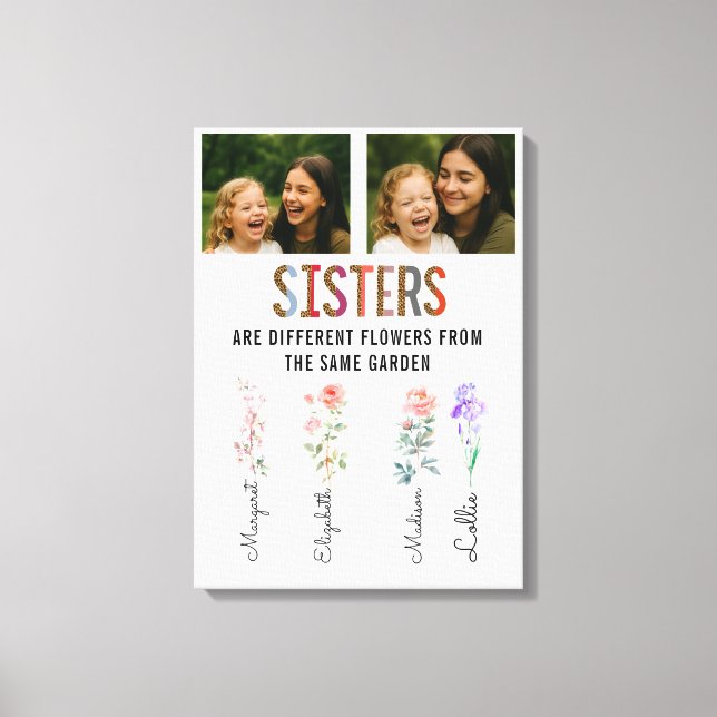 Sisters Are Different Flowers Custom Photo & Names Canvastryck (Framsida)