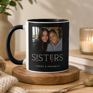 Sisters Heart Typografi Svart Foto Mugg