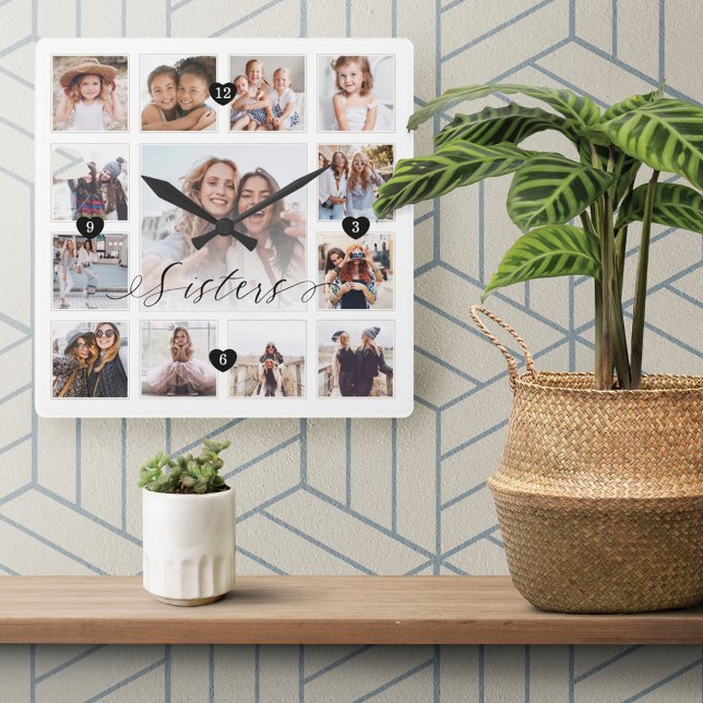 Sisters Script Family Memory Photo Grid Collage Fyrkantig Klocka (Skapare uppladdad)