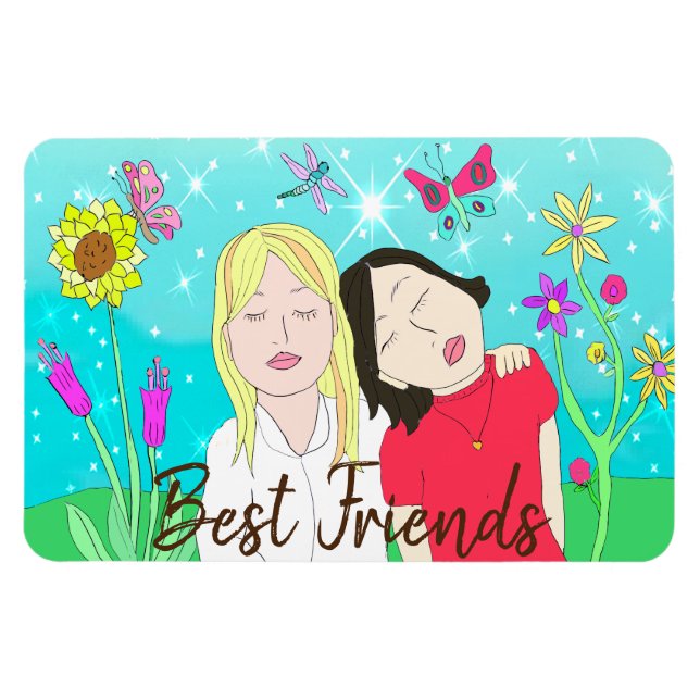 Sisters Whimsical Folk Art Hand plockade Magnet (Horisontell)