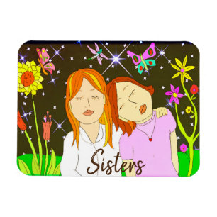 Sisters Whimsical Folk Art Hand plockade Magnet