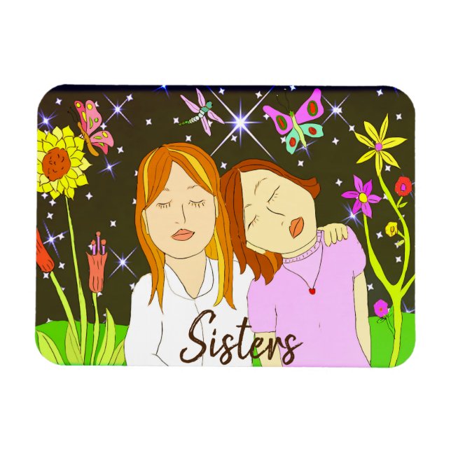 Sisters Whimsical Folk Art Hand plockade Magnet (Horisontell)
