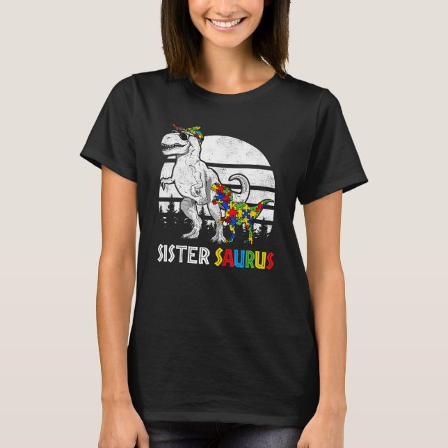 Sistersaurus Rex Dinosaurpussel Blå Autism Medvete T Shirt (Framsida)