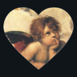 Sistine Madonna Änglar av Raphael Sanzio Hjärtformat Klistermärke<br><div class="desc">Sistine Madonna (uppgifter) (nr 1512-1514). Konstnär: Raphael Sanzio (1483-1520) eller enbart Raphael eller Raffaello. Sistine Madonna (detalj) är en vintage Renaissance bra art religiösa porträtt,  med två änglar som tittar uppåt mot molnen och himlen.</div>
