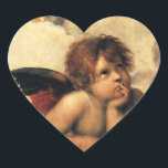 Sistine Madonna Änglar av Raphael Sanzio Hjärtformat Klistermärke<br><div class="desc">Sistine Madonna (uppgifter) (nr 1512-1514). Konstnär: Raphael Sanzio (1483-1520) eller enbart Raphael eller Raffaello. Sistine Madonna (detalj) är en vintage Renaissance bra art religiösa porträtt,  med två änglar som tittar uppåt mot molnen och himlen.</div>