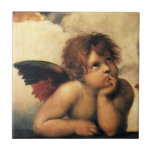 Sistine Madonna Änglar av Raphael Sanzio Kakelplatta<br><div class="desc">Sistine Madonna (uppgifter) (nr 1512-1514). Konstnär: Raphael Sanzio (1483-1520) eller enbart Raphael eller Raffaello. Sistine Madonna (detalj) är en vintage Renaissance bra art religiösa porträtt,  med två änglar som tittar uppåt mot molnen och himlen.</div>