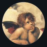 Sistine Madonna Änglar av Raphael Sanzio Runt Klistermärke<br><div class="desc">Sistine Madonna (uppgifter) (nr 1512-1514). Konstnär: Raphael Sanzio (1483-1520) eller enbart Raphael eller Raffaello. Sistine Madonna (detalj) är en vintage Renaissance bra art religiösa porträtt,  med två änglar som tittar uppåt mot molnen och himlen.</div>