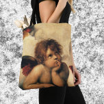 Sistine Madonna Änglar av Raphael Sanzio Tygkasse<br><div class="desc">Fin tote bags som är övertryckt! Finns i två stilar och två storlekar! Sistine Madonna (uppgifter) (nr 1512-1514). Konstnär: Raphael Sanzio (1483-1520) eller enbart Raphael eller Raffaello. Sistine Madonna (detalj) är en vintage Renaissance bra art religiösa porträtt,  med två änglar som tittar uppåt mot molnen och himlen.</div>