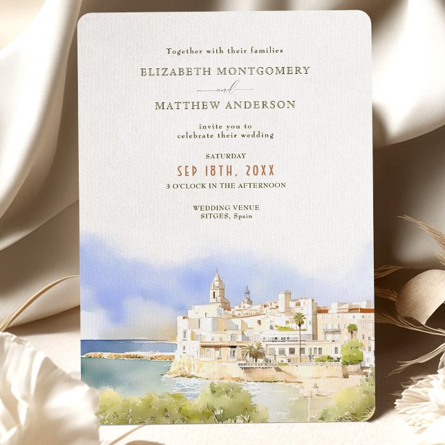 Sitges Spain Watercolor Destination Wedding Inbjudningar (Skapare uppladdad)