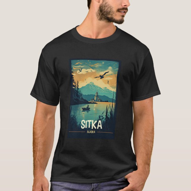 Sitka Alaska Retro Travel Poster Graphic T Shirt (Framsida)