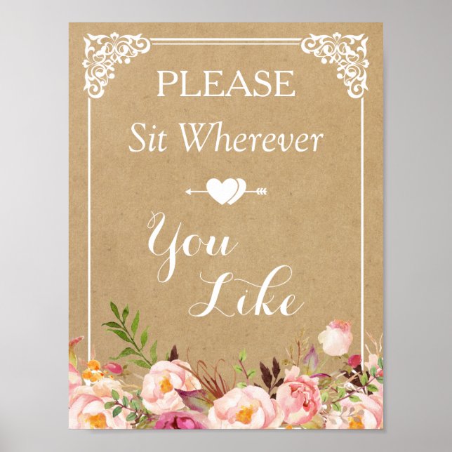 Sitt var du vill | Blommigt Bröllop-tecken Poster (Framsidan)