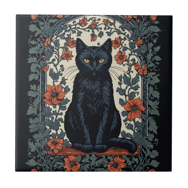 Sitta Black Cat Vintage Blommigt Kakelplatta (Framsidan)