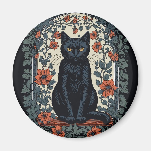 Sitta Black Cat Vintage Blommigt Magnet (Framsidan)