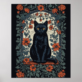 Sitta Black Cat Vintage Blommigt Poster