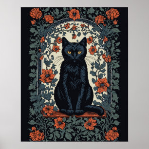 Sitta Black Cat Vintage Blommigt Poster