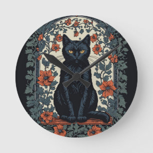 Sitta Black Cat Vintage Blommigt Rund Klocka
