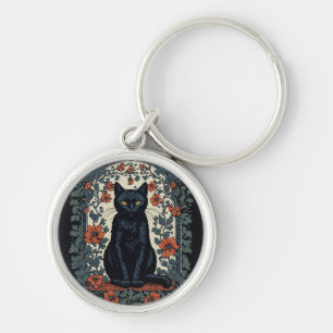Sitta Black Cat Vintage Blommigt Rund Silverfärgad Nyckelring