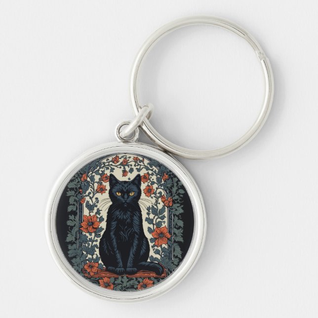 Sitta Black Cat Vintage Blommigt Rund Silverfärgad Nyckelring (Framsidan)