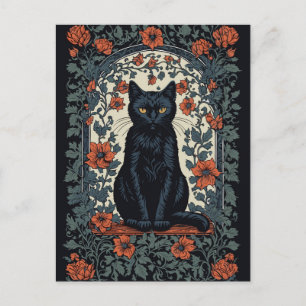 Sitta Black Cat Vintage Blommigt Vykort