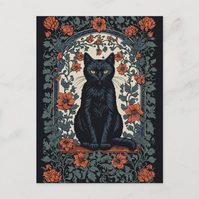 Sitta Black Cat Vintage Blommigt Vykort (Framsida)