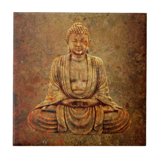 Sitta Buddha med stenbakgrund Kakelplatta