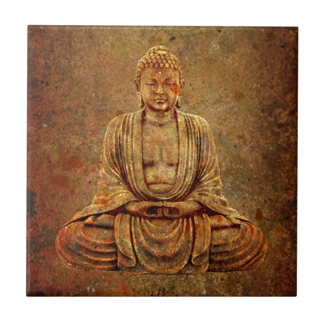 Sitta Buddha med stenbakgrund Kakelplatta (Framsidan)